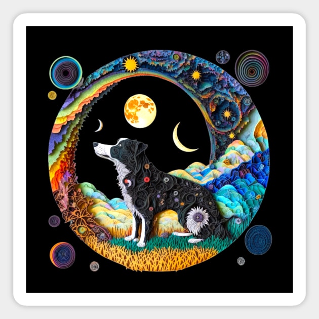 Fantasy Border Collie Dog Cute Moon Phases Paper Quilling Cattle Herding Dogs Magnet by joannejgg